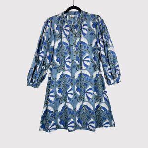 Karni Womens Mini Dress Blue Floral Puffed Long Sleeve A Line Resort Boho Small